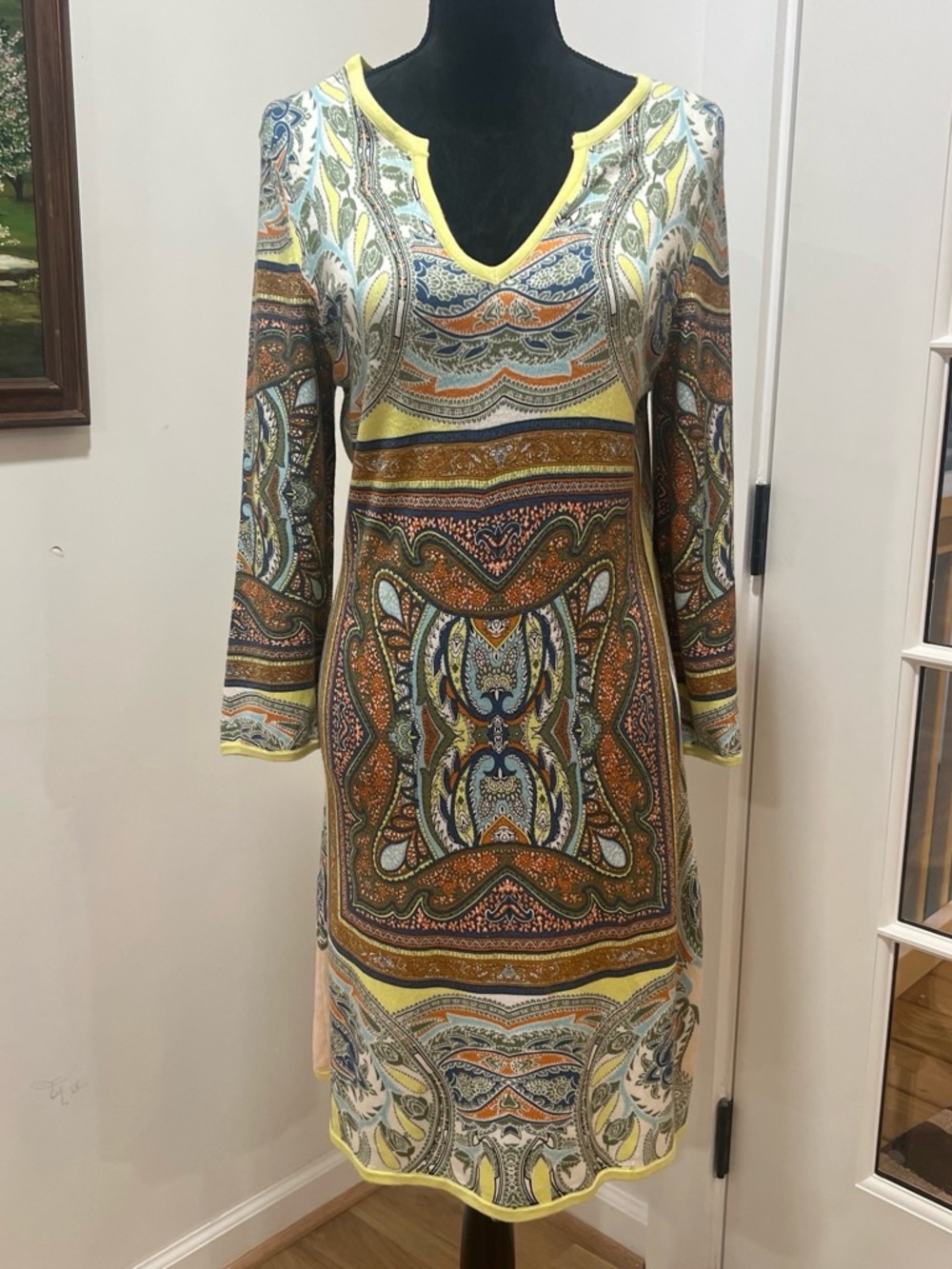 Paisley V-Neck Long Sleeve Dress in Yellow Multi
